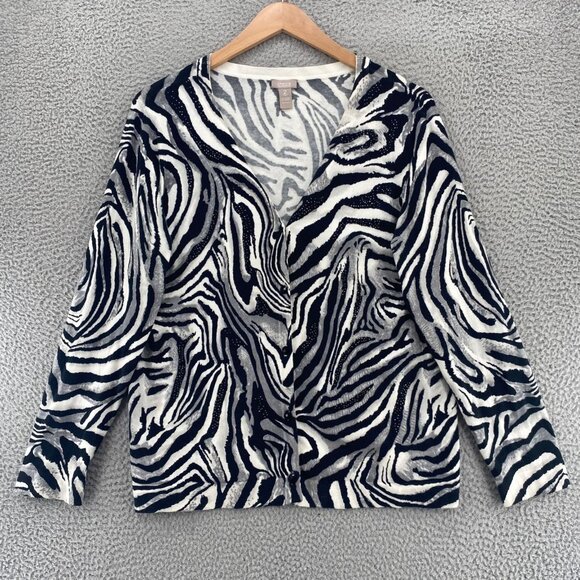Chicos Sweater Womens 2 US Large Gray Animal Print Cardigan Button Up Rhinestone - Picture 1 of 9